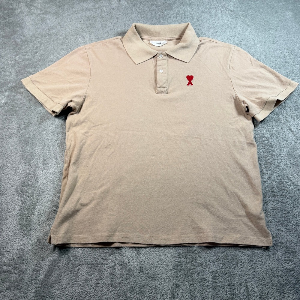 AMI Paris Polo Shirt Men Medium Tan Heart Logo Short Sleeve